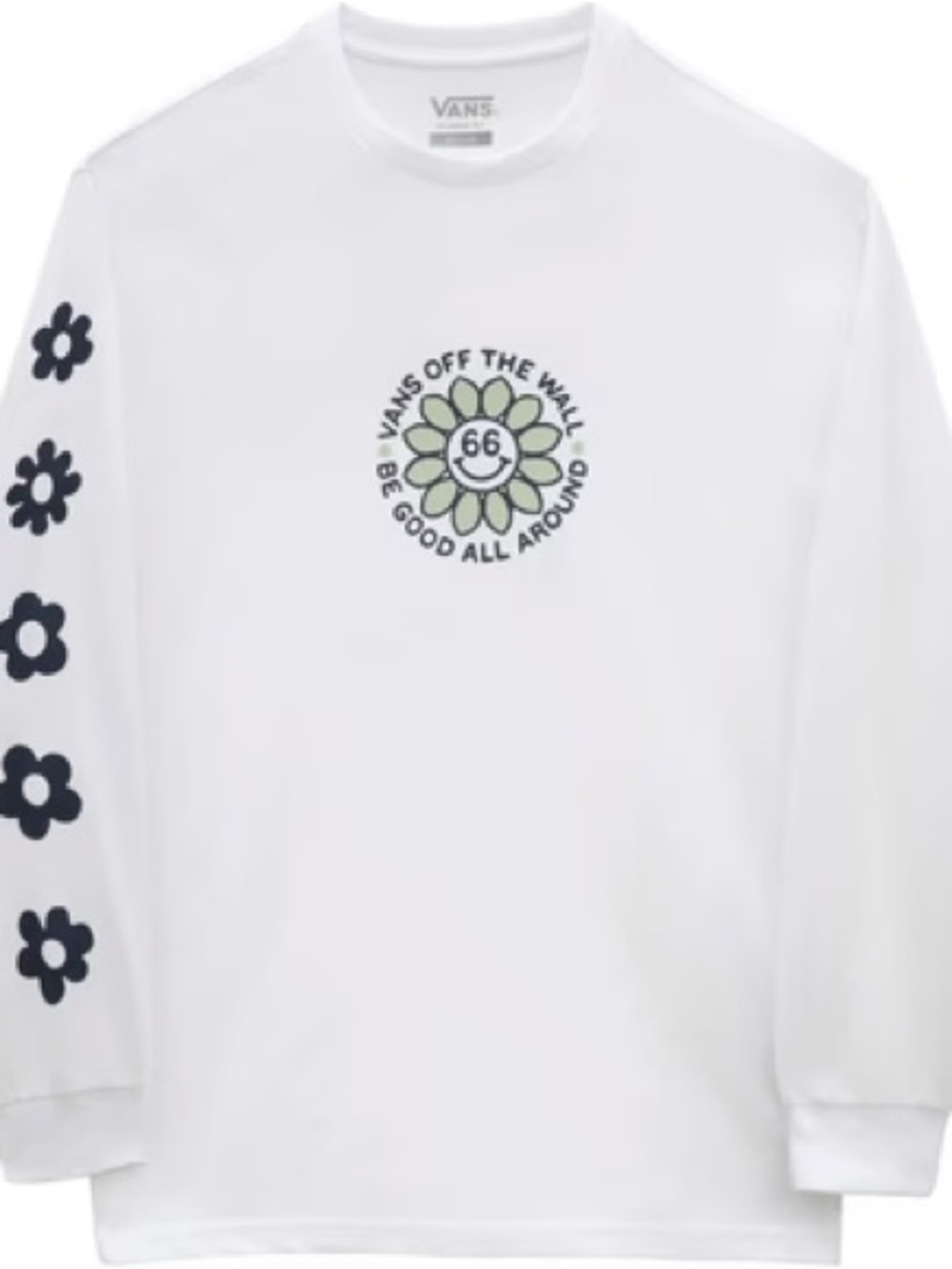 Vans White Long-Sleeve Tee with Navy Flower Sleeve and Green Daisy Graphic